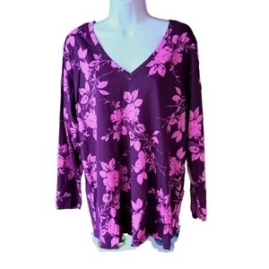 Roamans Top Blouse Shirt Women's 12 Small PURPLE PINK Floral 100% Cotton Stretch